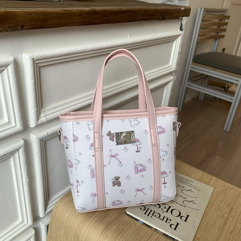 Borsa Tote da Donna con Stampa Orso Cartone Animato in Pelle PU con Dettaglio Fiocco Moda Coreana Borsa a Tracolla Quotidiana