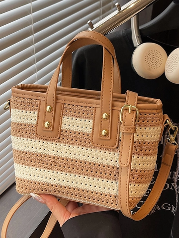 Bolso Cubo de Paja con Rayas para Mujer Vacaciones de Verano Estilo Étnico Bolso de Mano Hombro Bandolera con Correas de Cuero PU