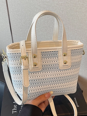 Bolso Cubo de Paja con Rayas para Mujer Vacaciones de Verano Estilo Étnico Bolso de Mano Hombro Bandolera con Correas de Cuero PU