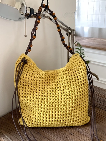 Damen Bohemian Gestrickte Umhängetasche Hohl Geschnitten Netz Einkaufstasche Mit Holzperlen Sommer Strand Urlaub Handtasche