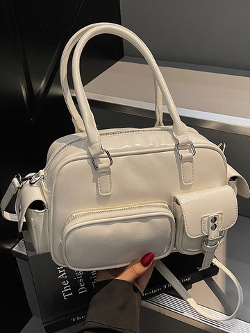 Vintage PU Leder Schultertasche Für Damen Multi Tasche Bowling Tasche Y2K Satchel Tote Handtasche Pendler Umhängetasche