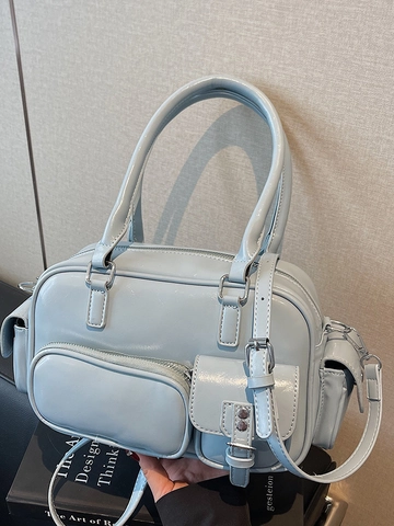 Vintage PU Leder Schultertasche Für Damen Multi Tasche Bowling Tasche Y2K Satchel Tote Handtasche Pendler Umhängetasche
