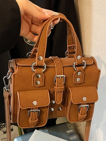 Sac à Main Vintage Moto Boston Pour Femmes Multi-Poches en Cuir PU Sac à Bandoulière Avec Rivets Et Bandoulière Réglable