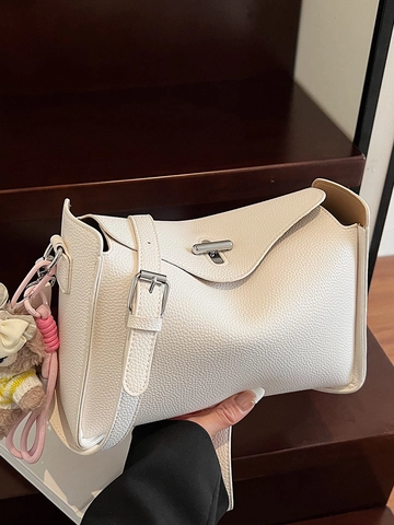 Women Litchi Pattern PU Leather Shoulder Bag Casual Crossbody Bag Twist Lock Handbag Stylish Underarm Bag With Bear Charm