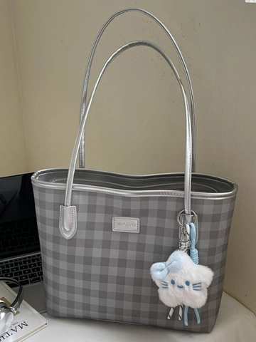 Borsa Tote da Donna a Scacchiera di Grande Capacità in Pelle PU Borsa a Tracolla Urban Minimalist Borsa a Mano con Ciondolo