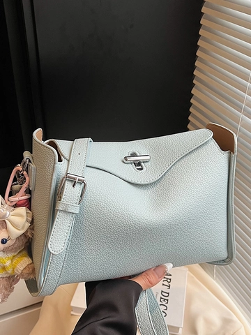 Women Litchi Pattern PU Leather Shoulder Bag Casual Crossbody Bag Twist Lock Handbag Stylish Underarm Bag With Bear Charm