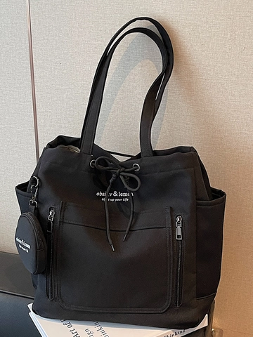 Women Fashion Canvas Tote Bag Large Capacity Shoulder Bag With Mini Coin Purse Drawstring Simple Commuting School Bag