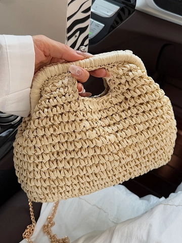 Women Straw Woven Shoulder Bag Summer Beach Handbag Solid Color Minimalist Cloud Bag With Metal Chain Strap Vacation Daily Bag