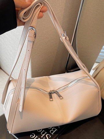 Women's Minimalist PU Leather Litchi Pattern Underarm Shoulder Bag Large Capacity Daily Commuter Handbag Double Zipper