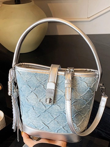 Urban Minimalistisch Damen Denim Patchwork Eimer Tasche Silberner Besatz Plissee Umhängetasche Mit Verstellbarem Gurt