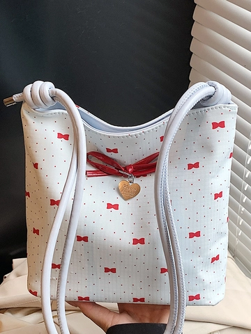 Borsa a Spalla Donna in Pelle PU con Fiocco Stampa Farfalla Pendente a Cuore Perla Artificiale Borsa Sottobraccio a Secchiello