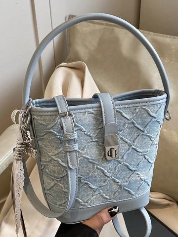 Urban Minimalistisch Damen Denim Patchwork Eimer Tasche Silberner Besatz Plissee Umhängetasche Mit Verstellbarem Gurt