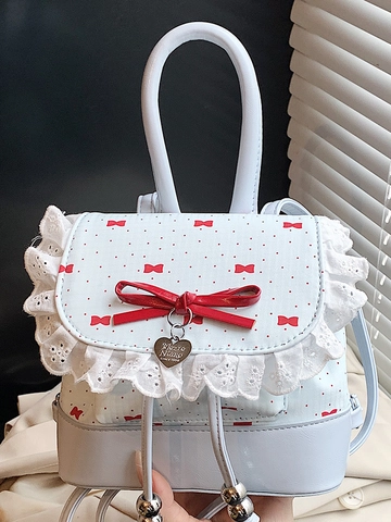Zoete Lolita Mini Rugzak Voor Dames PU-Leer Kantafwerking Ruffle Strik Hartvormige Hanger Parel Kleine Mode Rugzak Voor Reizen