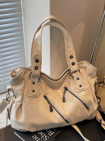 Retro Große PU Leder Schultertasche Für Damen Urban Einfache Tragetasche Reise Umhängetasche Mit Reißverschlüssen Nieten Handtasche