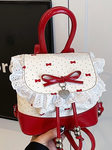 Zoete Lolita Mini Rugzak Voor Dames PU-Leer Kantafwerking Ruffle Strik Hartvormige Hanger Parel Kleine Mode Rugzak Voor Reizen