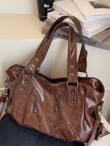 Retro Große PU Leder Schultertasche Für Damen Urban Einfache Tragetasche Reise Umhängetasche Mit Reißverschlüssen Nieten Handtasche