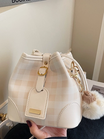 Women Plaid Bucket Bag Fashion Crossbody Bag Summer New PU Leather Small Shoulder Bag With Plush Pendant Daily Casual Bag