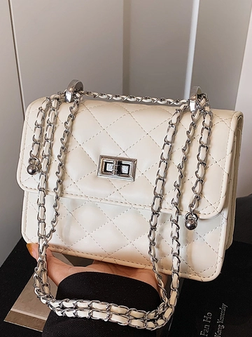 Women Fashion Quilted Rhombus Shoulder Bag PU Leather Elegant Chain Strap Small Square Crossbody Bag With Metal Buckle