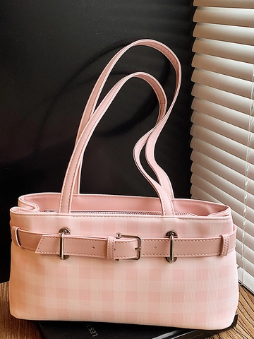 Borsa a Tracolla da Donna a Quadri in Pelle PU Cuciture a Contrasto Fibbia in Metallo Casual Pendolarismo Moda Borsa a Mano