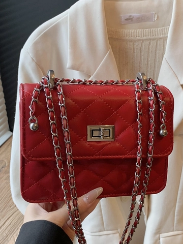 Women Fashion Quilted Rhombus Shoulder Bag PU Leather Elegant Chain Strap Small Square Crossbody Bag With Metal Buckle