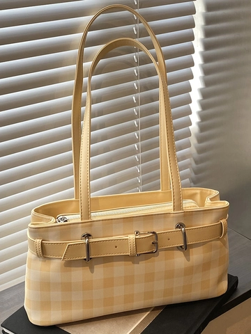 Borsa a Tracolla da Donna a Quadri in Pelle PU Cuciture a Contrasto Fibbia in Metallo Casual Pendolarismo Moda Borsa a Mano