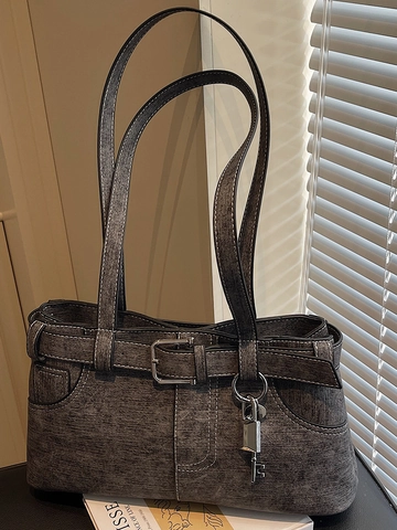 Retro Moto Stil Denim Textur PU Leder Schultertasche Für Damen Mit Metall Schlüsselanhänger Große Kapazität Unterarm Tote Bag