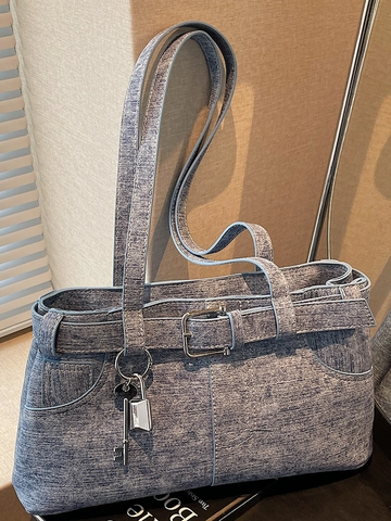 Retro Moto Stil Denim Textur PU Leder Schultertasche Für Damen Mit Metall Schlüsselanhänger Große Kapazität Unterarm Tote Bag