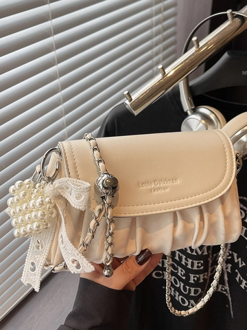 Bolso de Hombro de Cuero PU Fruncido para Mujer Elegante Bolso Bandolera con Cadena y Colgante de Corazón de Perla Artificial Estilo Nube