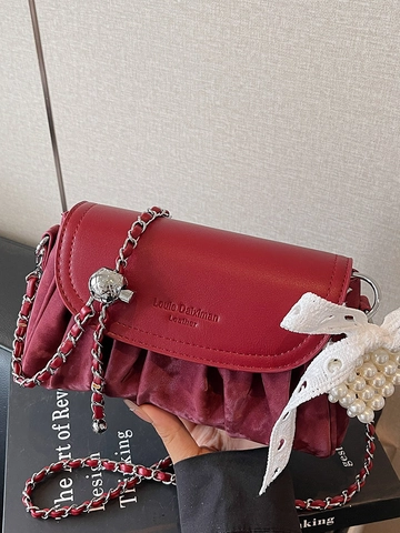Bolso de Hombro de Cuero PU Fruncido para Mujer Elegante Bolso Bandolera con Cadena y Colgante de Corazón de Perla Artificial Estilo Nube