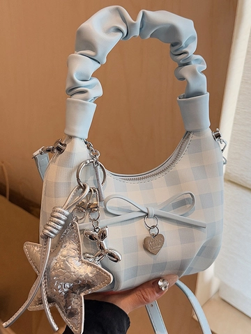Sac à Main Femme en Cuir PU à Carreaux Avec Poignée Froncée Décoration de Nœud Sac à Bandoulière à Damiers Mode Avec Pendentif Étoile