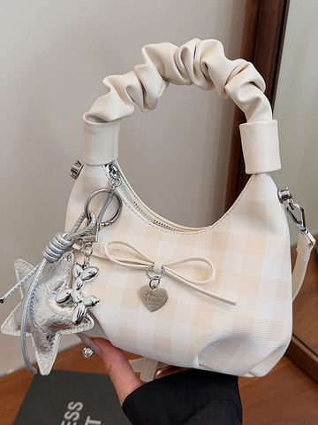 Sac à Main Femme en Cuir PU à Carreaux Avec Poignée Froncée Décoration de Nœud Sac à Bandoulière à Damiers Mode Avec Pendentif Étoile