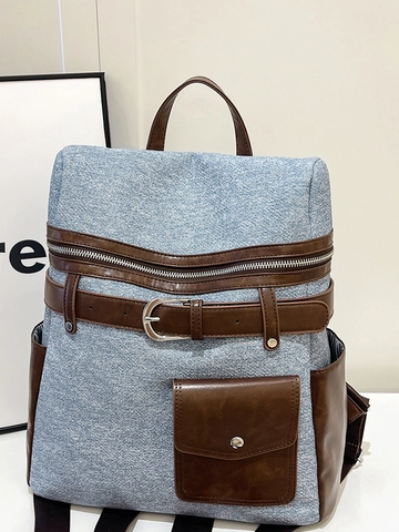 Sac à Dos Femme Grande Capacité en Cuir PU Mode Color Block Sac à Bandoulière Avec Décoration de Boucle de Ceinture