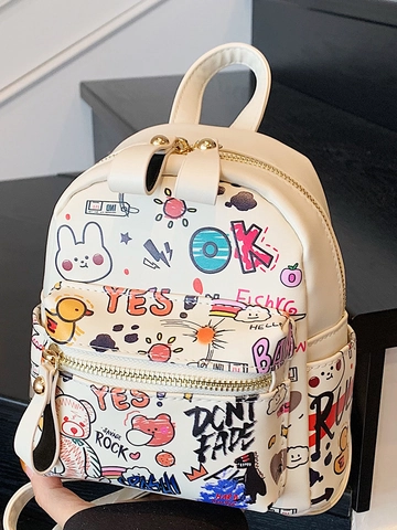 Damen Mini PU Leder Graffiti Rucksack Süße Cartoon Bär Katze Druck Kleiner Tagesrucksack Für Reisen Schule Mode Taschen