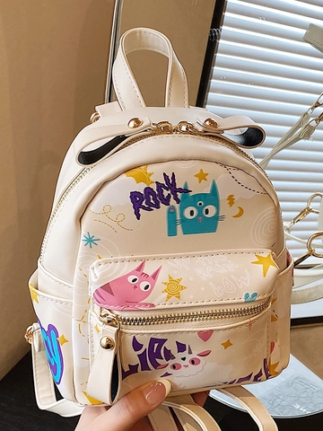 Damen Mini PU Leder Graffiti Rucksack Süße Cartoon Bär Katze Druck Kleiner Tagesrucksack Für Reisen Schule Mode Taschen