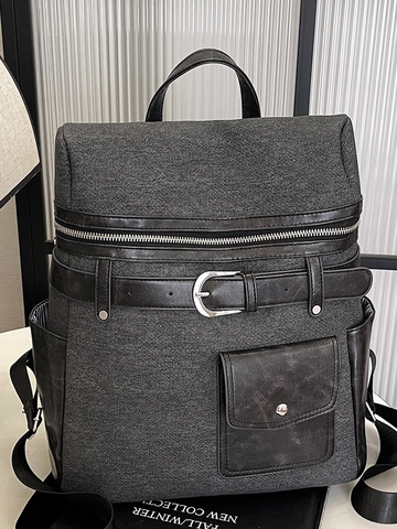 Sac à Dos Femme Grande Capacité en Cuir PU Mode Color Block Sac à Bandoulière Avec Décoration de Boucle de Ceinture