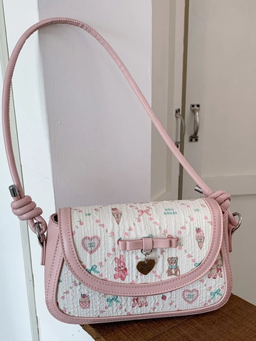 Borsa a Spalla in Tessuto PU per Ragazza Dolce Decorazione con Fiocco Motivo Cartoon Trapuntato Borsa a Tracolla Donna Daily