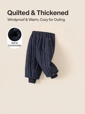 Kids Quilted Warm Cotton Padded Pants Winter Thickened Navy Blue Thermal Trousers For Boys Girls Children Outdoor Daily Wear