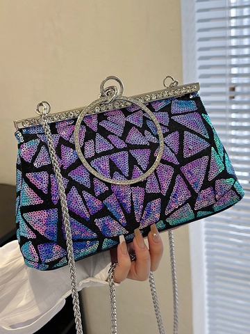 Damen Funkelnd Geometrisch Pailletten Abendtasche Mit Metallring Griff Und Abnehmbarem Kette Schulterriemen Für Party Hochzeit