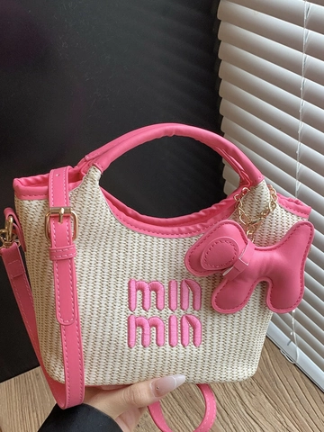 Fashion Woven Straw Bucket Bag For Women PU Leather Trimmed Handbag With Puppy Pendant min min Letter Shoulder Bag