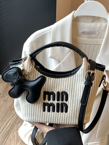 Fashion Woven Straw Bucket Bag For Women PU Leather Trimmed Handbag With Puppy Pendant min min Letter Shoulder Bag
