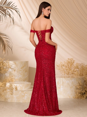 Weinrotes Pailletten Schulterfreies Abendkleid Für Damen Mit Strass Verziertes Slim Fit Fischschwanz Maxi Kleid Für Bankett