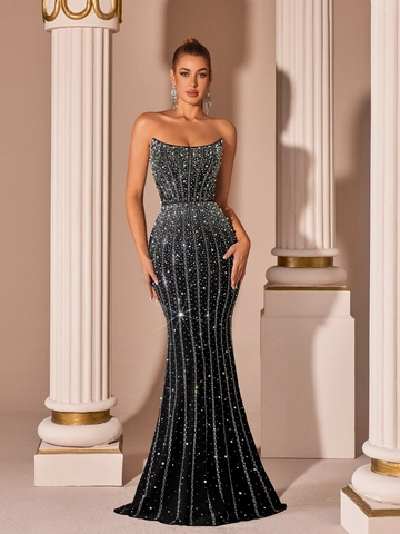 Luxus Trägerloses Strass Meerjungfrau Abendkleid Elegantes Glitzerndes Figurbetontes Maxikleid Für Damen Hochzeit Party Bankett Kleid