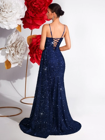 Eleganter Marineblau Pailletten Ein Schulter Abendkleid Hoher Schlitz Rückenfrei Bodenlang Formales Partykleid Damen