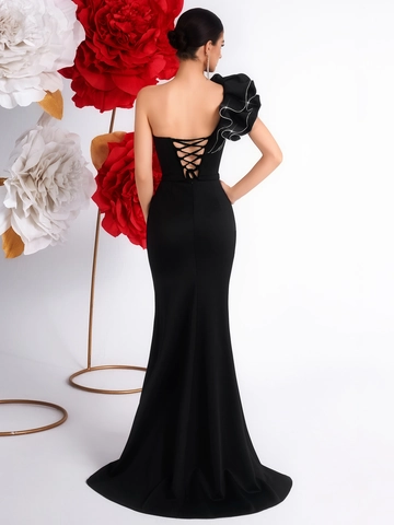 Dames Elegante Eén Schouder 3D Bloem Avondjurk Hoge Split Slim Fit Polyester Spandex Party Banket Maxi Jurk Zwart