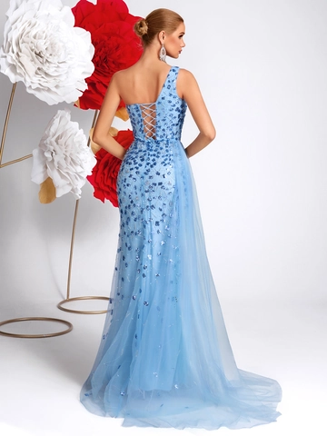 Abito da Sera Monospalla con Paillettes Celeste Donna Sexy Spacco Alto Strascico in Rete Elegante con Perline Festa Banchetto