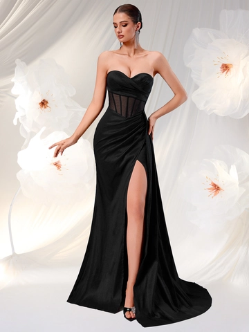 Damen Trägerloses Korsett Abendkleid Hoher Schlitz Bodenlanges Bodycon Maxi Kleid Elegant Ärmellos Fischgräten Bankett Party Kleid