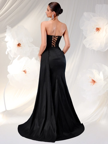 Damen Trägerloses Korsett Abendkleid Hoher Schlitz Bodenlanges Bodycon Maxi Kleid Elegant Ärmellos Fischgräten Bankett Party Kleid