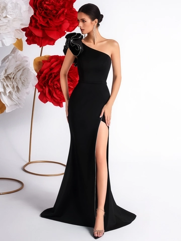 Dames Elegante Eén Schouder 3D Bloem Avondjurk Hoge Split Slim Fit Polyester Spandex Party Banket Maxi Jurk Zwart