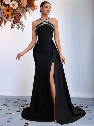 Elegante Abito da Sera con Scollo all'Americana e Strass per Donna Vestibilità Aderente Coda di Pesce Spacco Alto Maxi Abito Banchetto Festa Formale