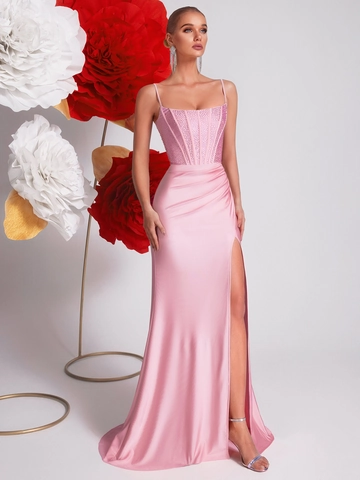 Robe de Soirée Rose Femme Strass Thermocollants Corset Fente Haute Sirène Fines Bretelles Polyester Satin Robe de Bal Longue